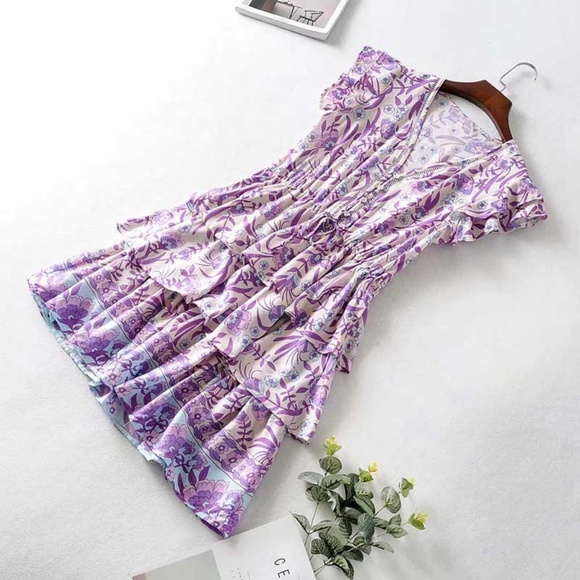 bohemian floral print v neck ruffle purple dress - Picture 9 of 16